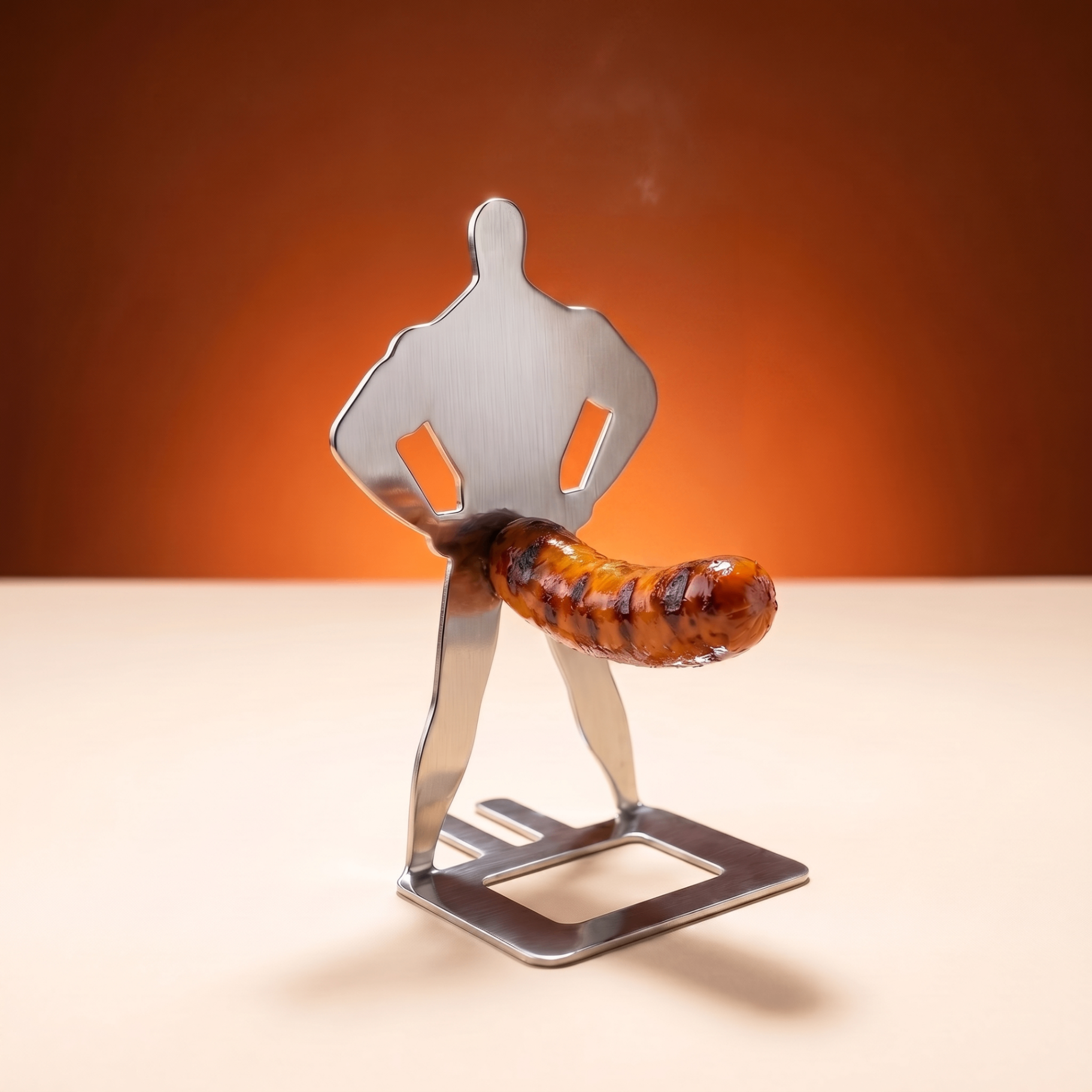 The Grill Master Backyard Bros character with a sausage in a dramatic studio shot