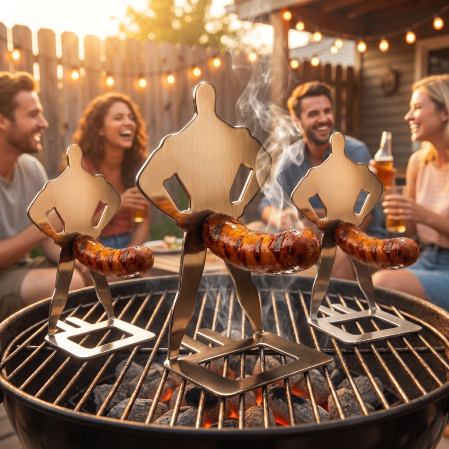 Backyard Bros hot dog holders on the grill while friends laugh in the background at a backyard cookout