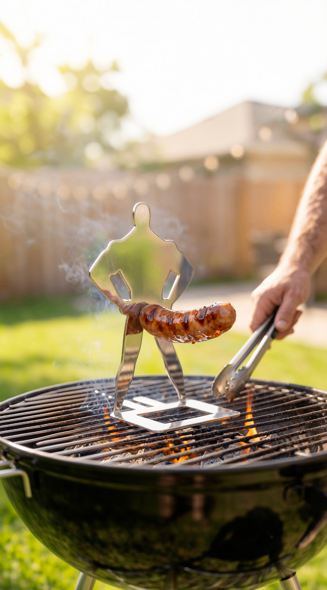 Backyard Bros muscle man hot dog holder standing upright on a live grill with tongs nearby